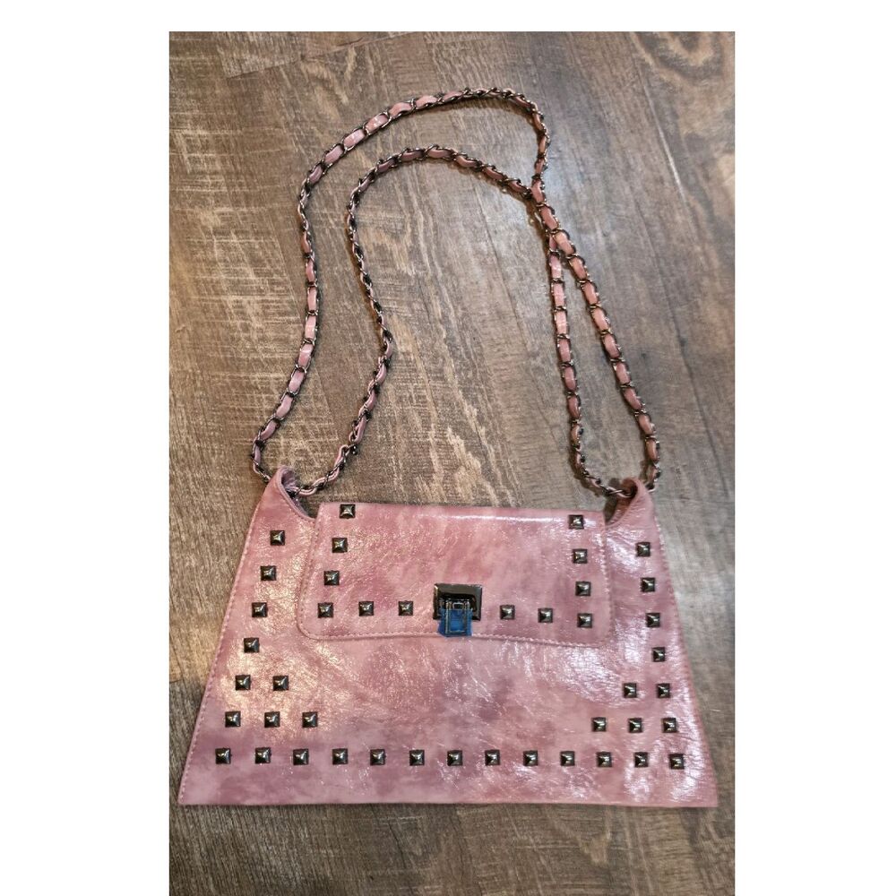 Pink Studded Shoulder Bag Chain Strap Silver Hardware Women